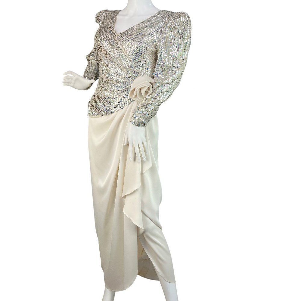 Estevez Vtg 1970's Disco Sequin Formal Dress with Ivory Silk Rose Sz 6